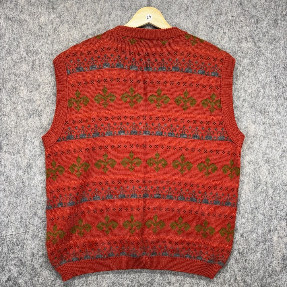 True Vintage Sweater Vest Men's 46 Large Orange Knit 80s V Neck - Picture 8 of 11